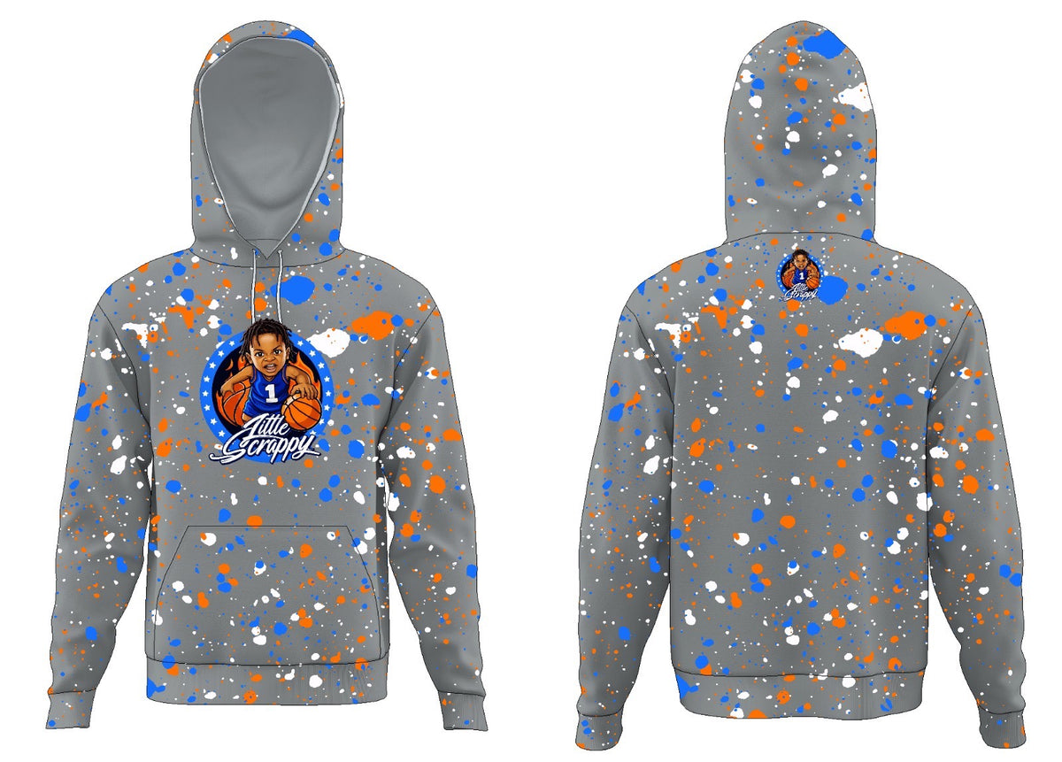 Hoodie #5 - Gray Paint Splatter Little Scrappy front and back view